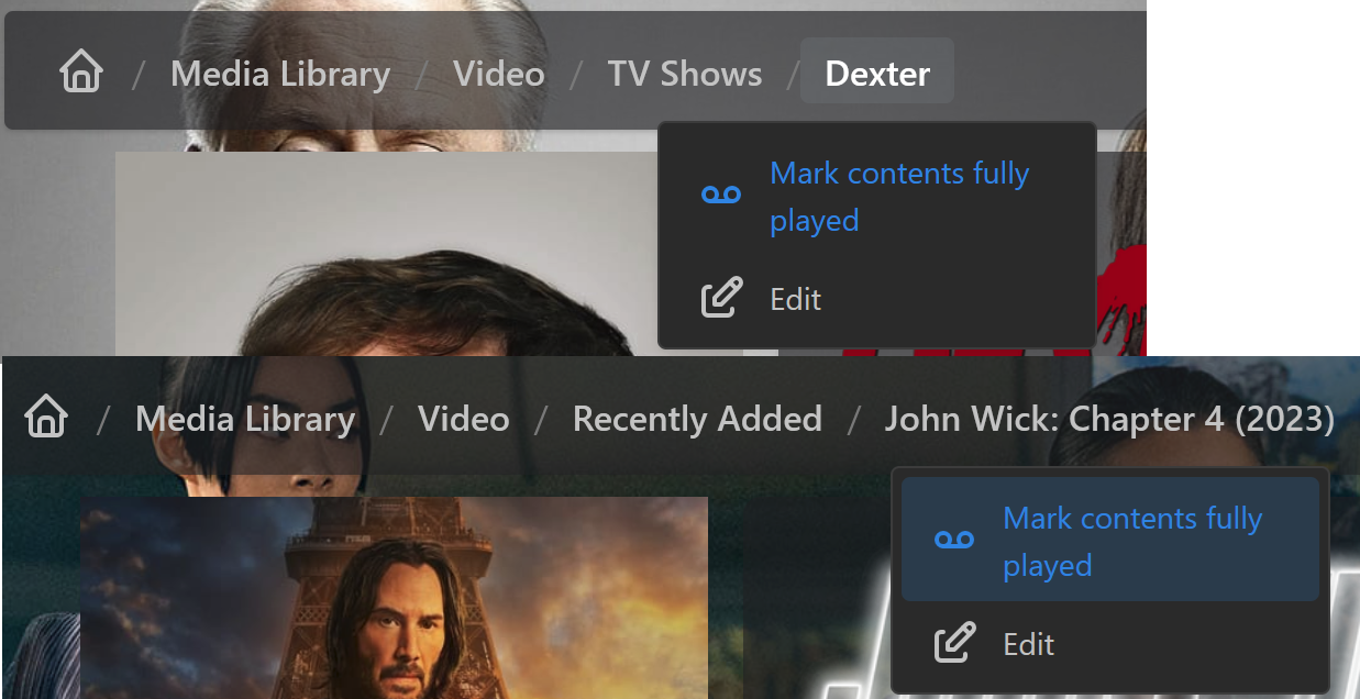 Beispiel dafür, wie Fernsehserien und Videos als vollständig abgespielt markiert werden
